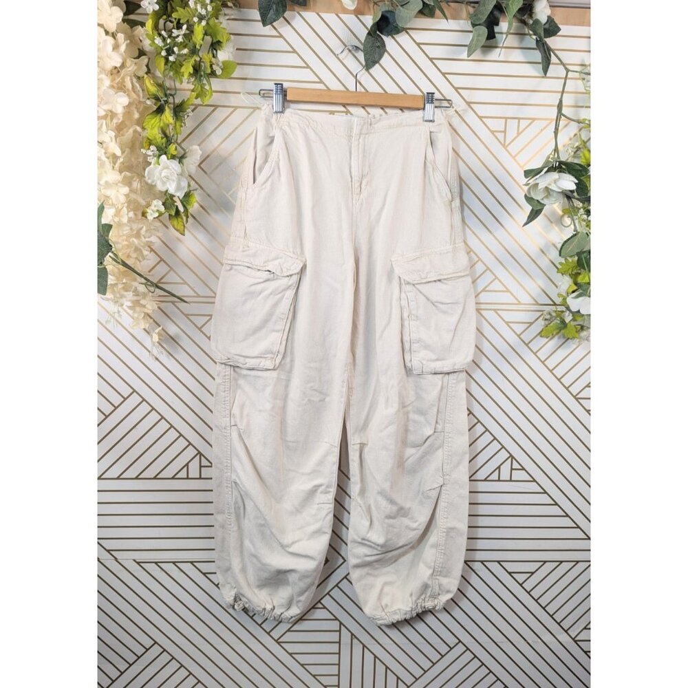 ZARA Girl's Beige Cream Denim Parachute Cargo Pants Cotton Cinch WaistSize 13/14